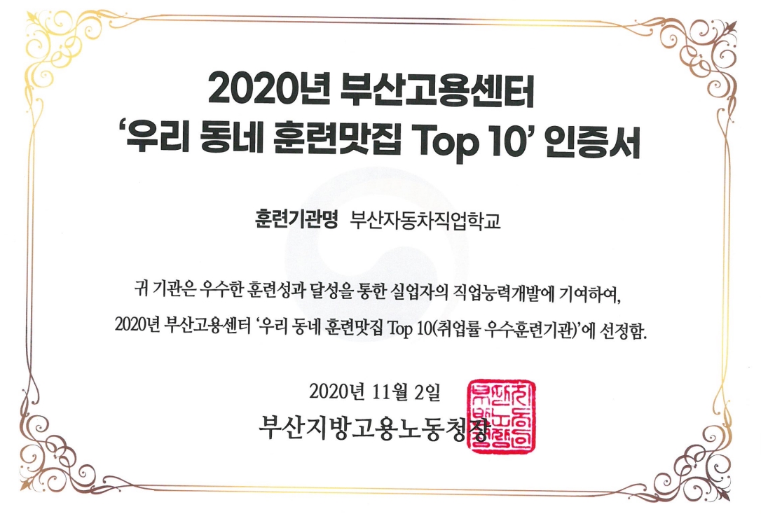 2020년 우리동네훈련맛집 TOP 10 인증서